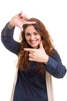 Young woman making framing key gesture - isolated over white