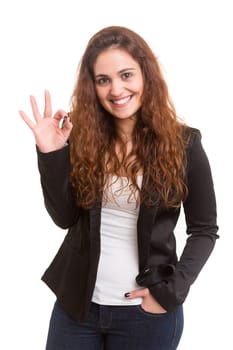 Beautiful young woman signaling ok, isolated over white