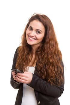 Young beautiful woman at the phone, isolated over a white background