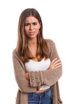 Surprised young woman isolated over white background