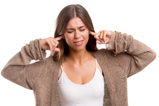 Beautiful young woman asking for silence isolated