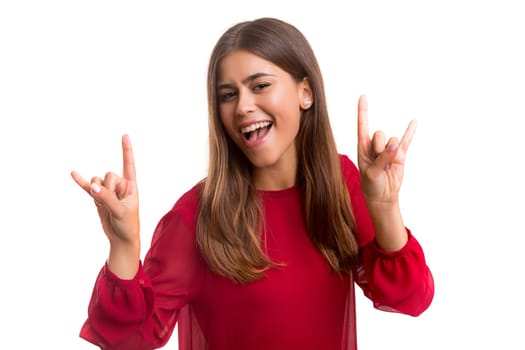 Happy beautiful young casual woman, isolated over white
