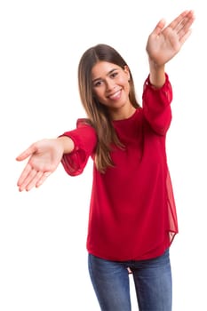 Young woman making framing key gesture - isolated over white