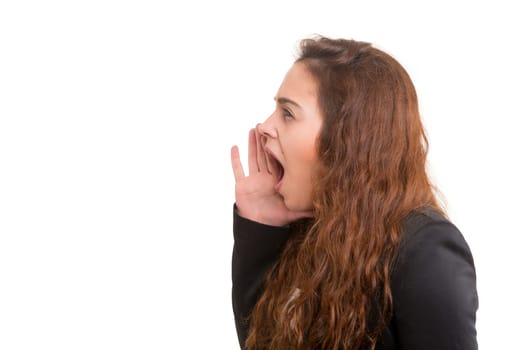 Very happy woman screaming at someone, isolated over a white background