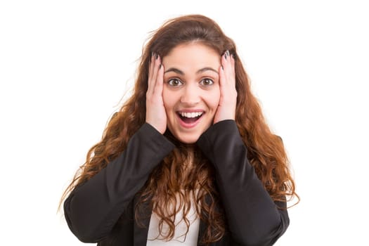 Surprised young woman isolated over white background