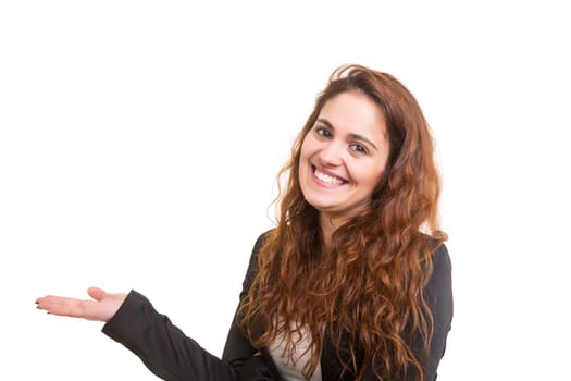 Young beautiful woman presenting your product, isolated over white background