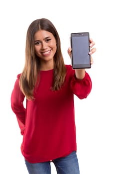 Business woman presenting your product on a last generation smartphone