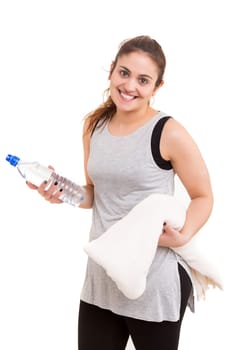 Beautiful large woman exercising - isolated over a white background