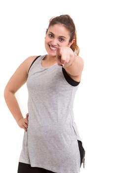 Young woman pointing her finger at you calling to exercise