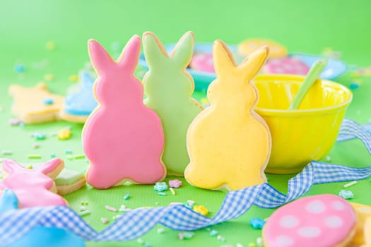 Cute sugar cookies in shape of bunnies for Easter