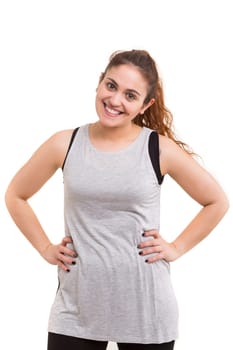 Beautiful large woman exercising - isolated over a white background