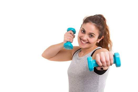 Beautiful large woman exercising - isolated over a white background