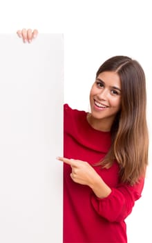 Beautiful young business woman presenting your product on a white card