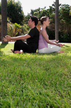 Couple practicing yoga in a park