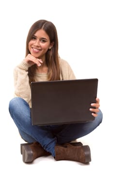 Young student working with her laptop, isolated over a white background