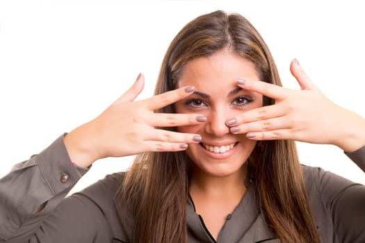 Young woman making framing key gesture - isolated over white