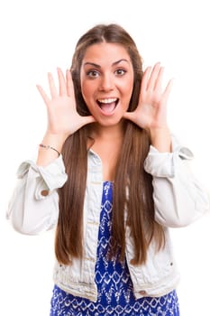 Surprised young woman isolated over white background