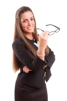 Beautiful young woman wearing glasses, isolated over copy space background