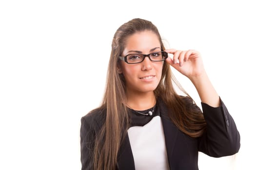 Beautiful young woman wearing glasses, isolated over copy space background