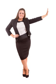 Young beautiful woman presenting your product, isolated over white background