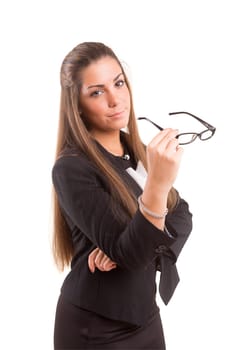 Beautiful young woman wearing glasses, isolated over copy space background