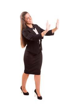 Young beautiful woman presenting your product, isolated over white background