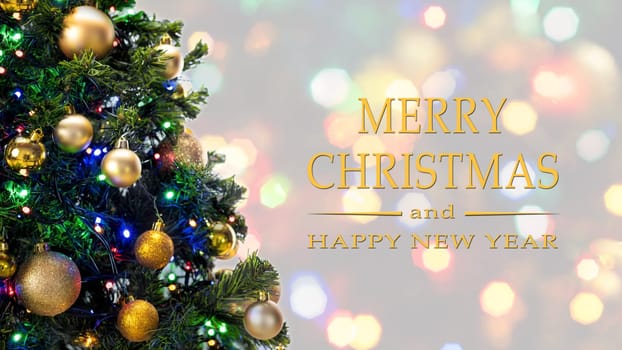 Merry Christmas and Happy New Year greeting card, blurred background of the twinkling lights of the Christmas tree. Greeting card background.