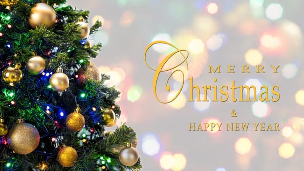 Merry Christmas and Happy New Year greeting card, blurred background of the twinkling lights of the Christmas tree. Greeting card background.