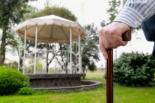 Close_up of a manŽs hand holding a cane