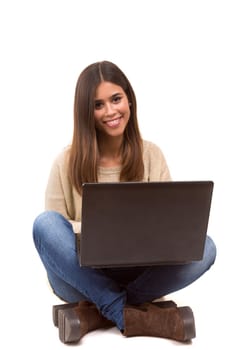 Young student working with her laptop, isolated over a white background