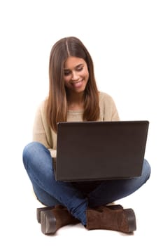 Young student working with her laptop, isolated over a white background