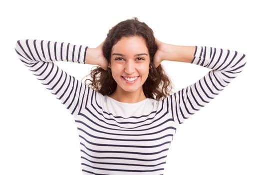 Beautiful young woman asking for silence isolated