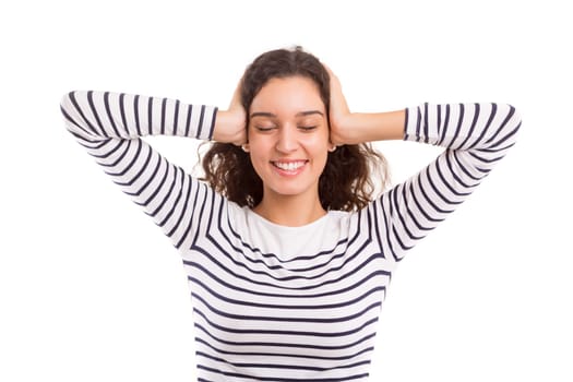 Beautiful young woman asking for silence isolated