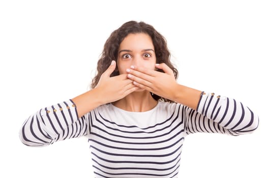 Surprised young woman isolated over white background