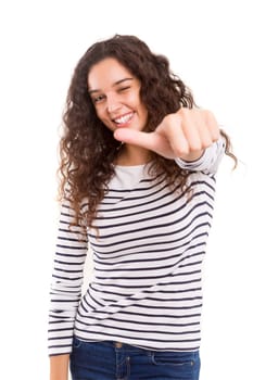 Beautiful young woman signaling ok, isolated over white