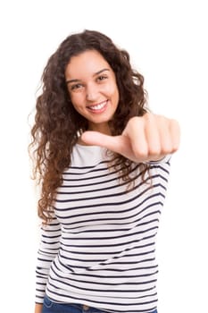 Beautiful young woman signaling ok, isolated over white