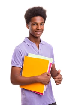 Young african student posing isolated over a white background