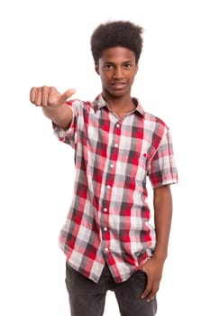 A casual young black boy posing isolated