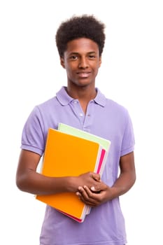 Young african student posing isolated over a white background