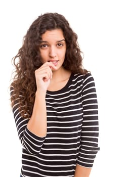 Very anxious woman, isolated over a white background