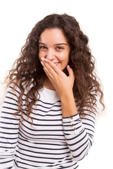 Surprised young woman isolated over white background