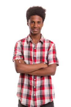 A casual young black boy posing isolated