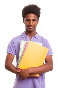 Young african student posing isolated over a white background