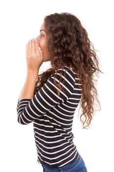 Woman screaming at someone, isolated over a white background
