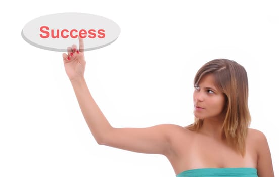 Young Bussinesswoman, presses key - Isolated over White