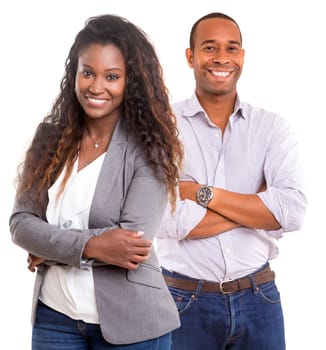 Young african couple smiling isolated over a white background