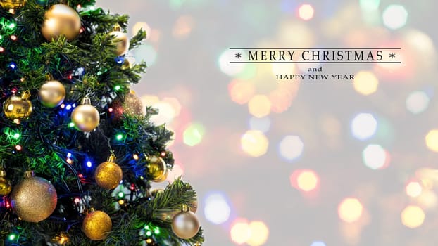 Merry Christmas and Happy New Year greeting card, blurred background of the twinkling lights of the Christmas tree. Greeting card background. Text space