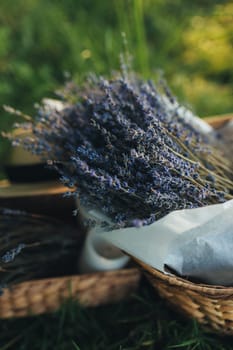 Purple lavender flowers in the wooden box. High quality photo
