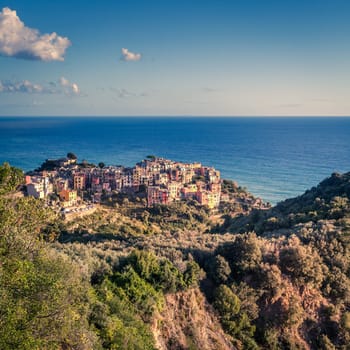 Scenic view of the village of Corniglia in Cinque Terre National Park in Italy
