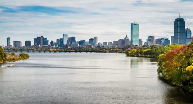 View of Boston skyline from a bridge across the Charles River